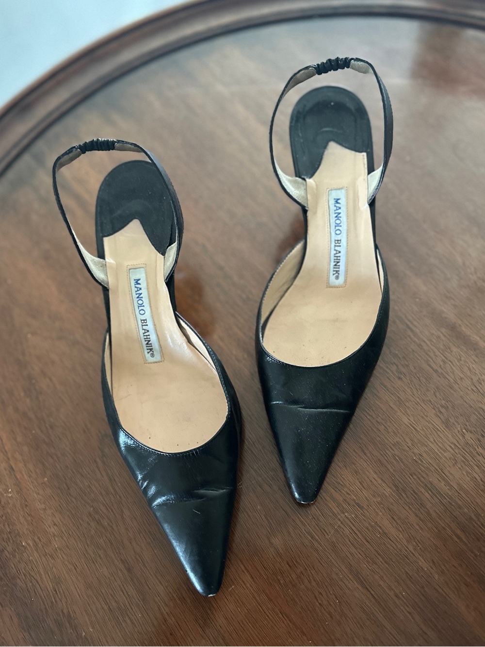 Manolo Blahnik Carolyne Black Leather Slingback Pumps with Kitten Heel - Picture 2 of 6